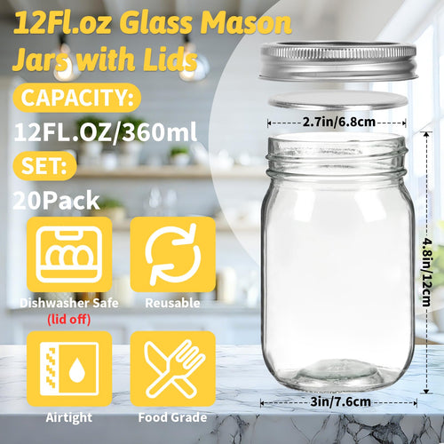 12 oz Regular Mouth Mason Jars 20 Pack K40097