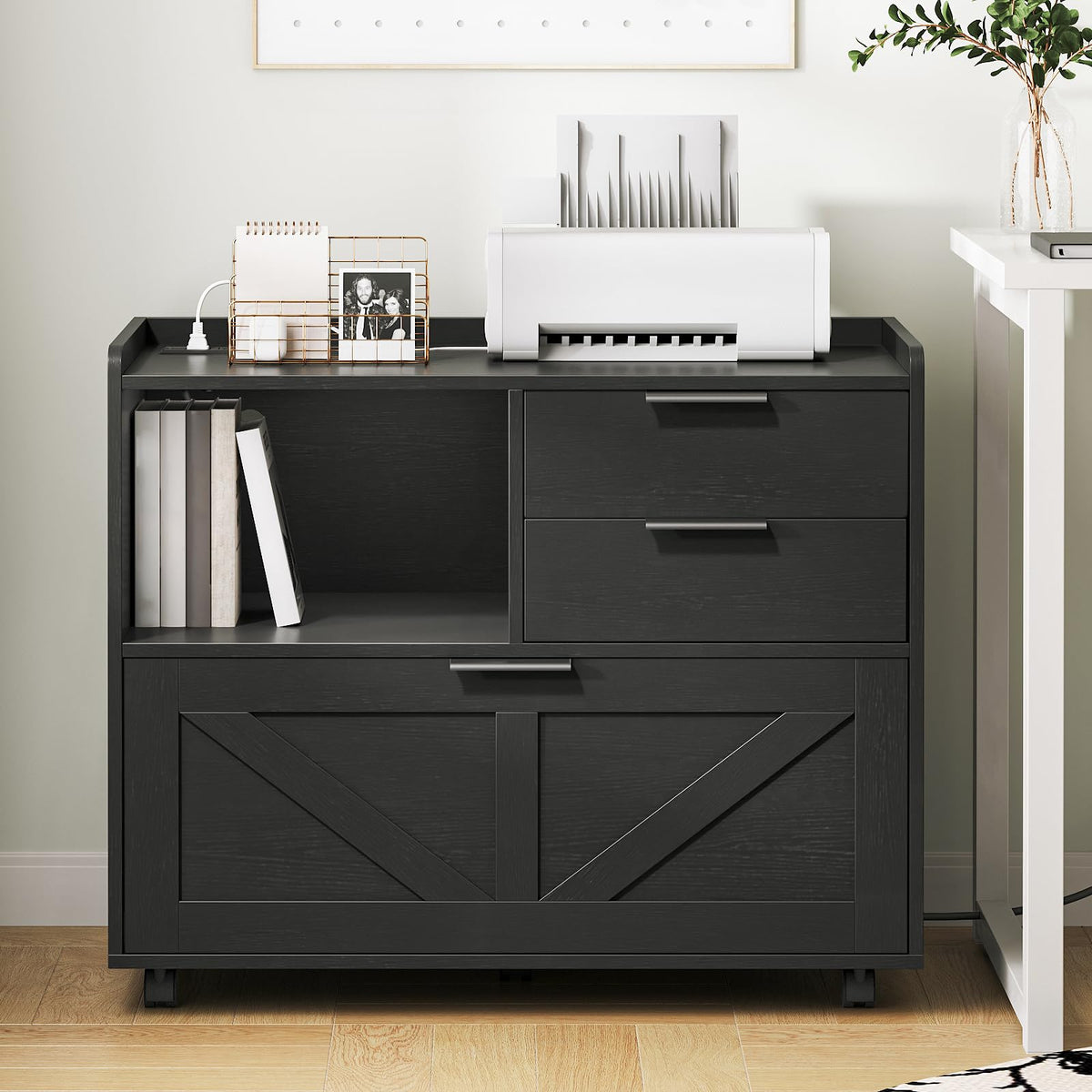 Black Wood Lateral File Cabinet with Charging Station S412