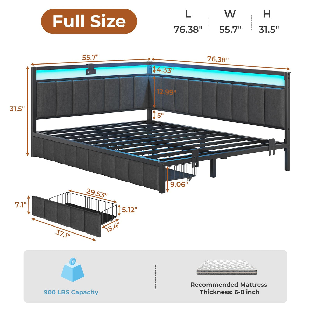 Full Size Corner Bed Frame with 2 Storage Drawers and Charging Station W35691