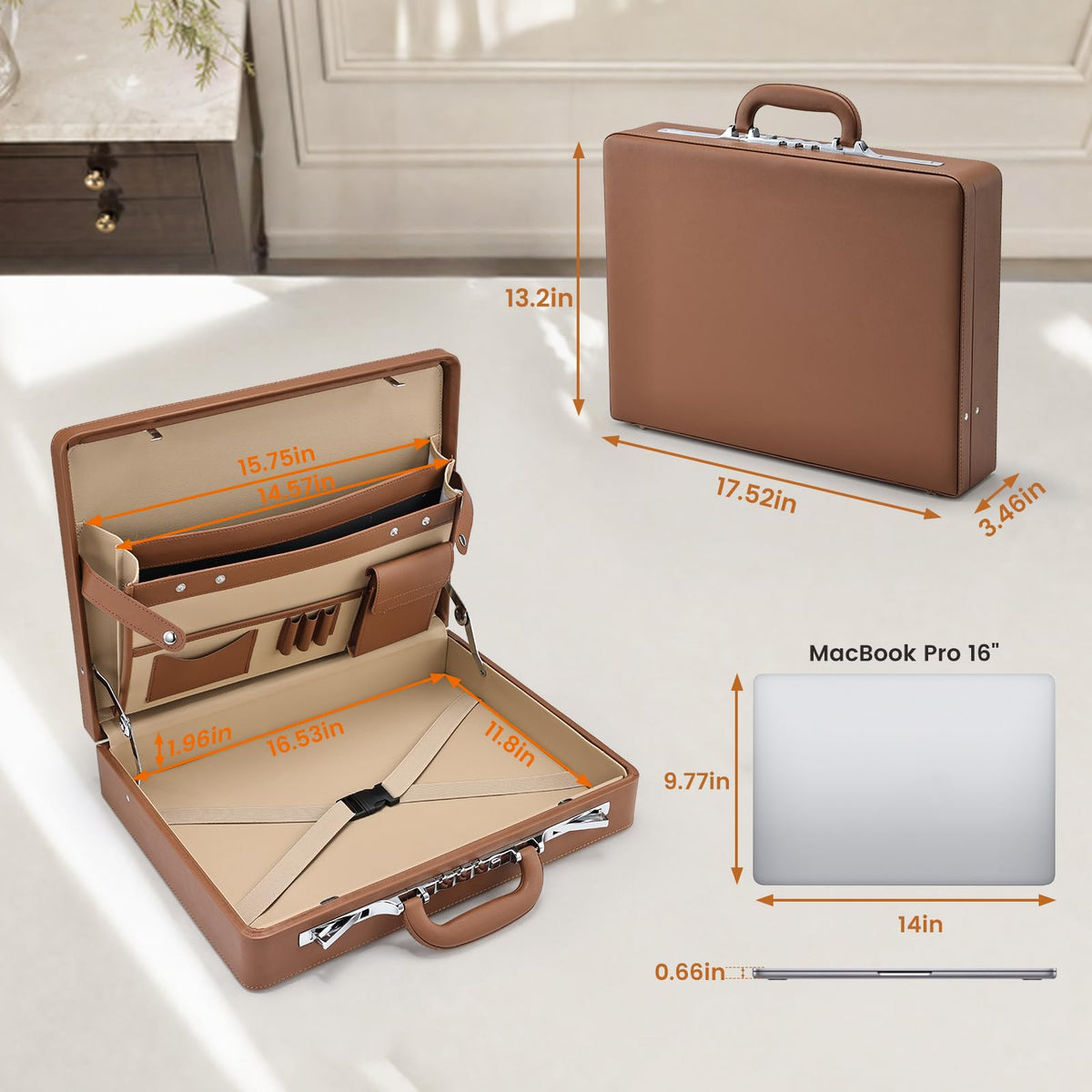 Brown Leather Briefcase with Lock for 16 Inch Laptop S810