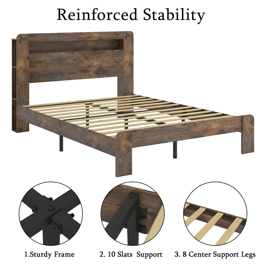 Full Size Dark Brown Wood Platform Bed Frame with Storage I63530