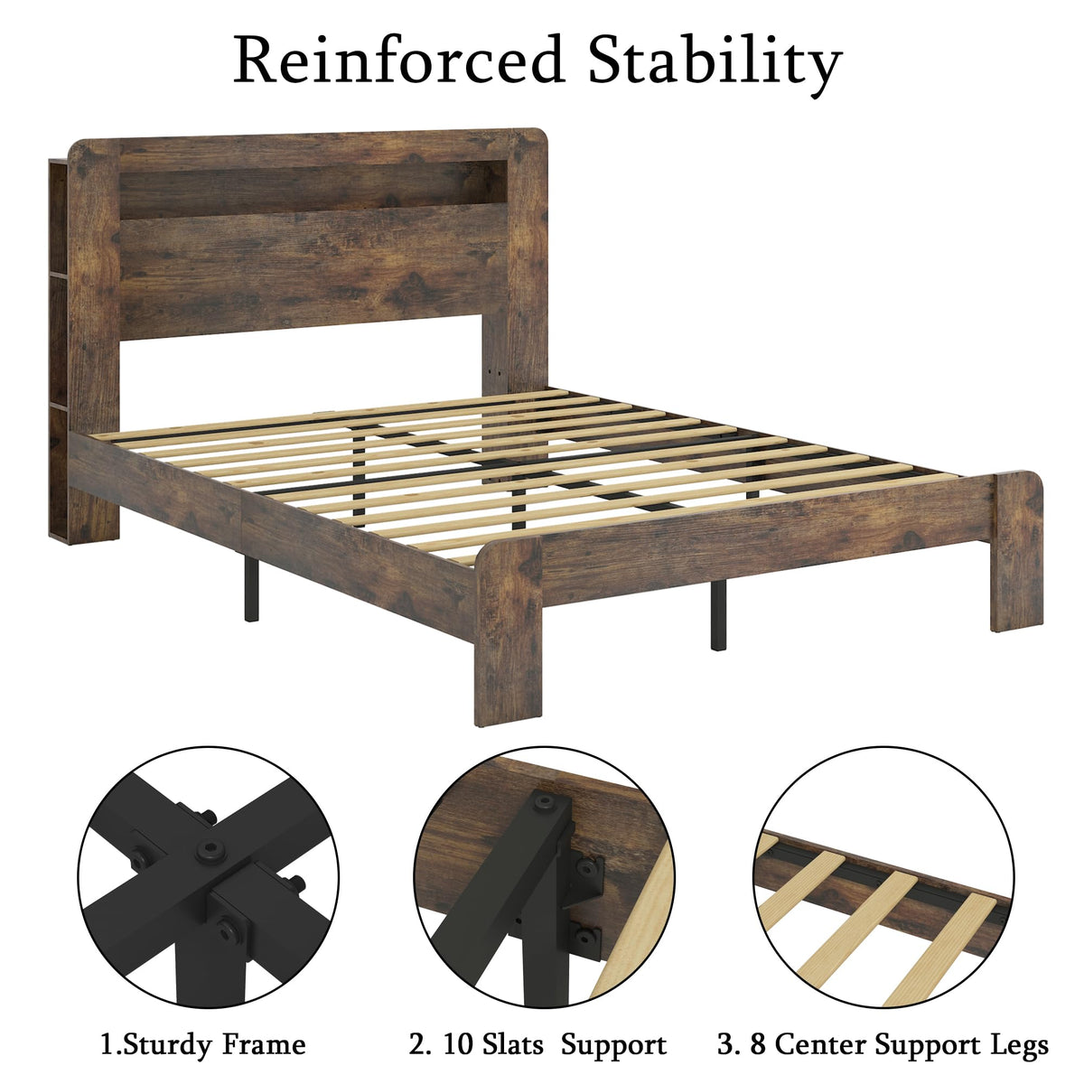 Full Size Dark Brown Wood Platform Bed Frame with Storage I63530