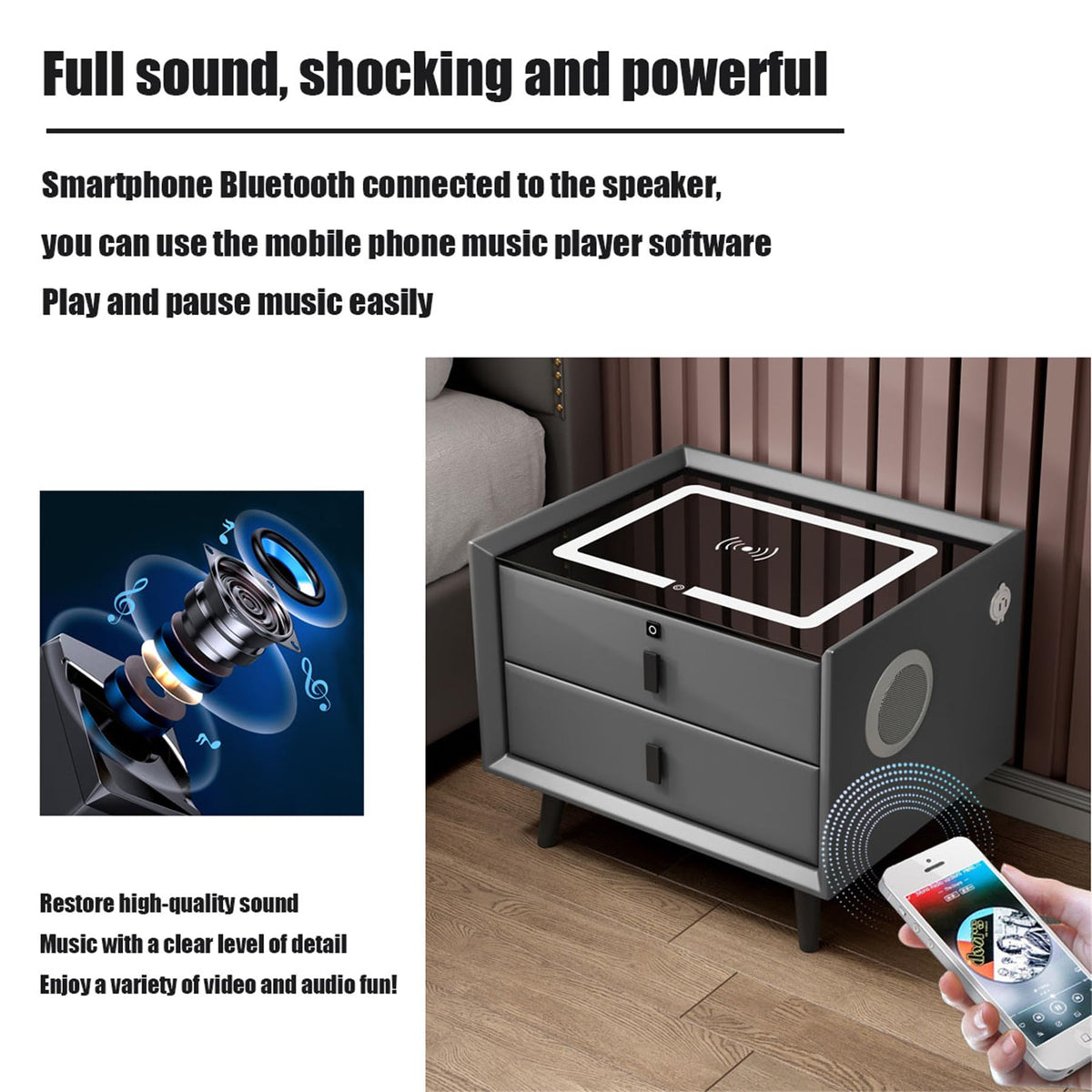 LED Nightstand with Fingerprint Lock, Wireless Charging Station, 2 Speakers, 3 Color LED Light, 2 USB B704
