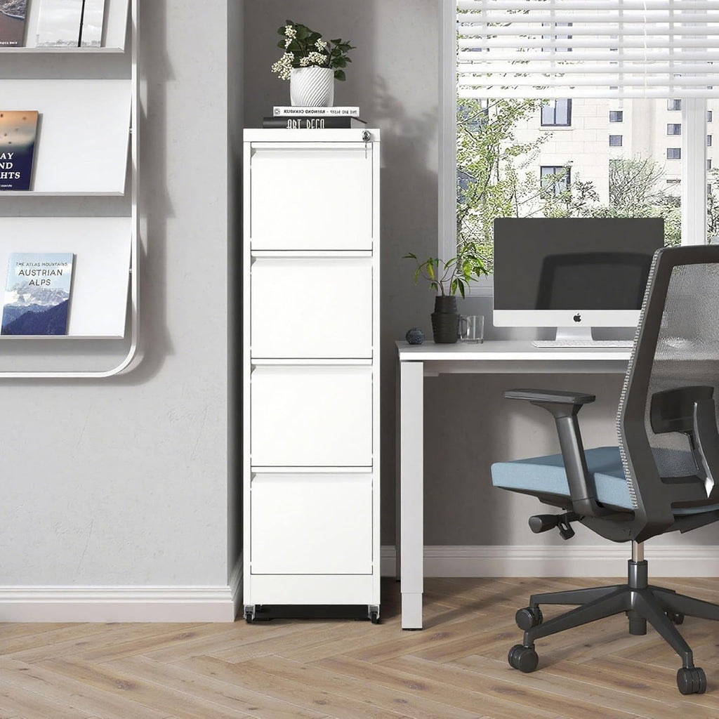 White 4 Drawer Metal File Cabinet with Wheels F6197