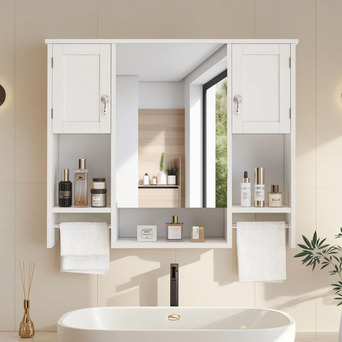 Large White Wall Mounted Bathroom Cabinet with Mirror M7868