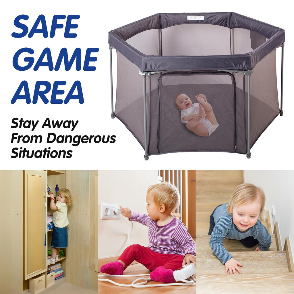 Baby Playpen 53x53 Inch Portable Play Yard with Breathable Mesh Walls Grey C7451