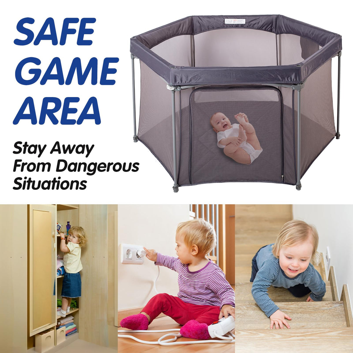 Baby Playpen 53x53 Inch Portable Play Yard with Breathable Mesh Walls Grey C7451