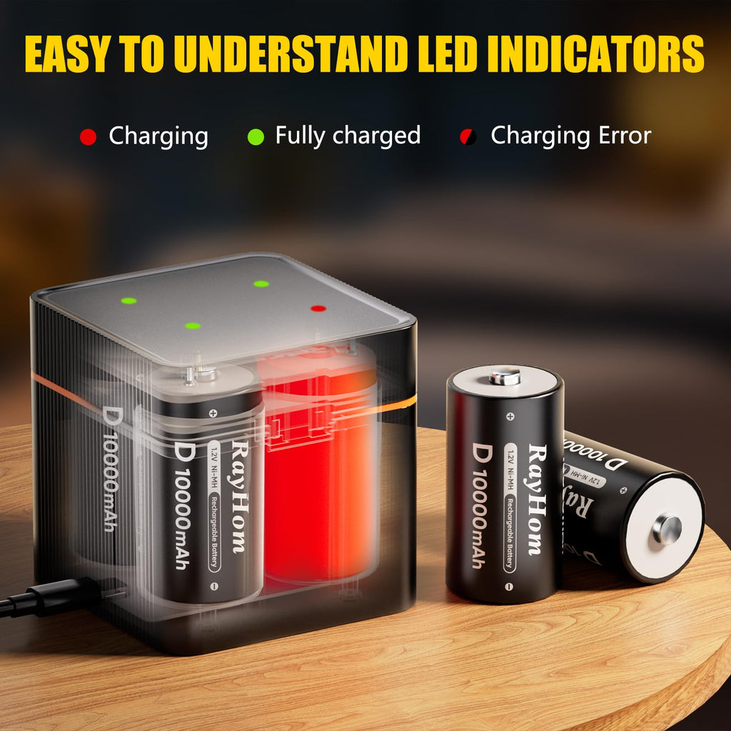 4 Pack 10000mAh Rechargeable D NiMH Batteries with 4 Slot Charger S9843
