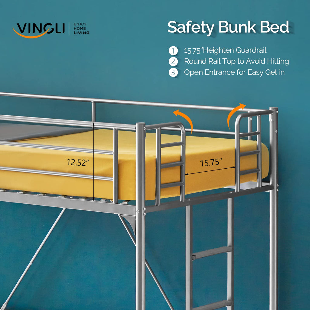 71 Inches Tall Twin Size Metal Loft Bed with Ladder and Safety Guard Rails, Gray N391337