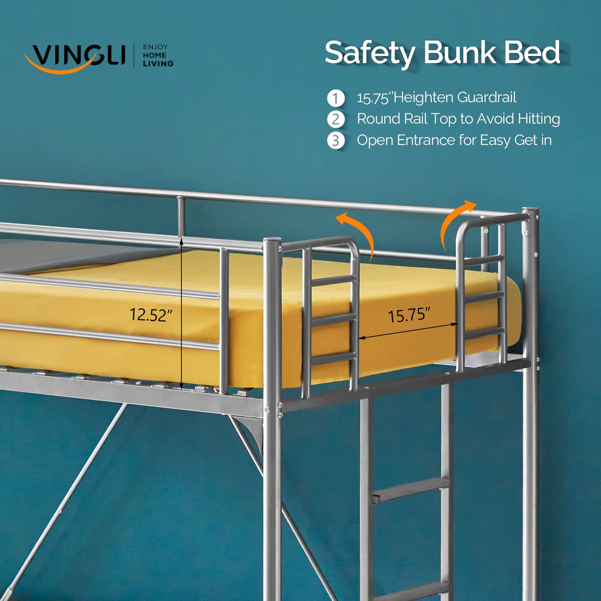 71 Inches Tall Twin Size Metal Loft Bed with Ladder and Safety Guard Rails, Gray N391337