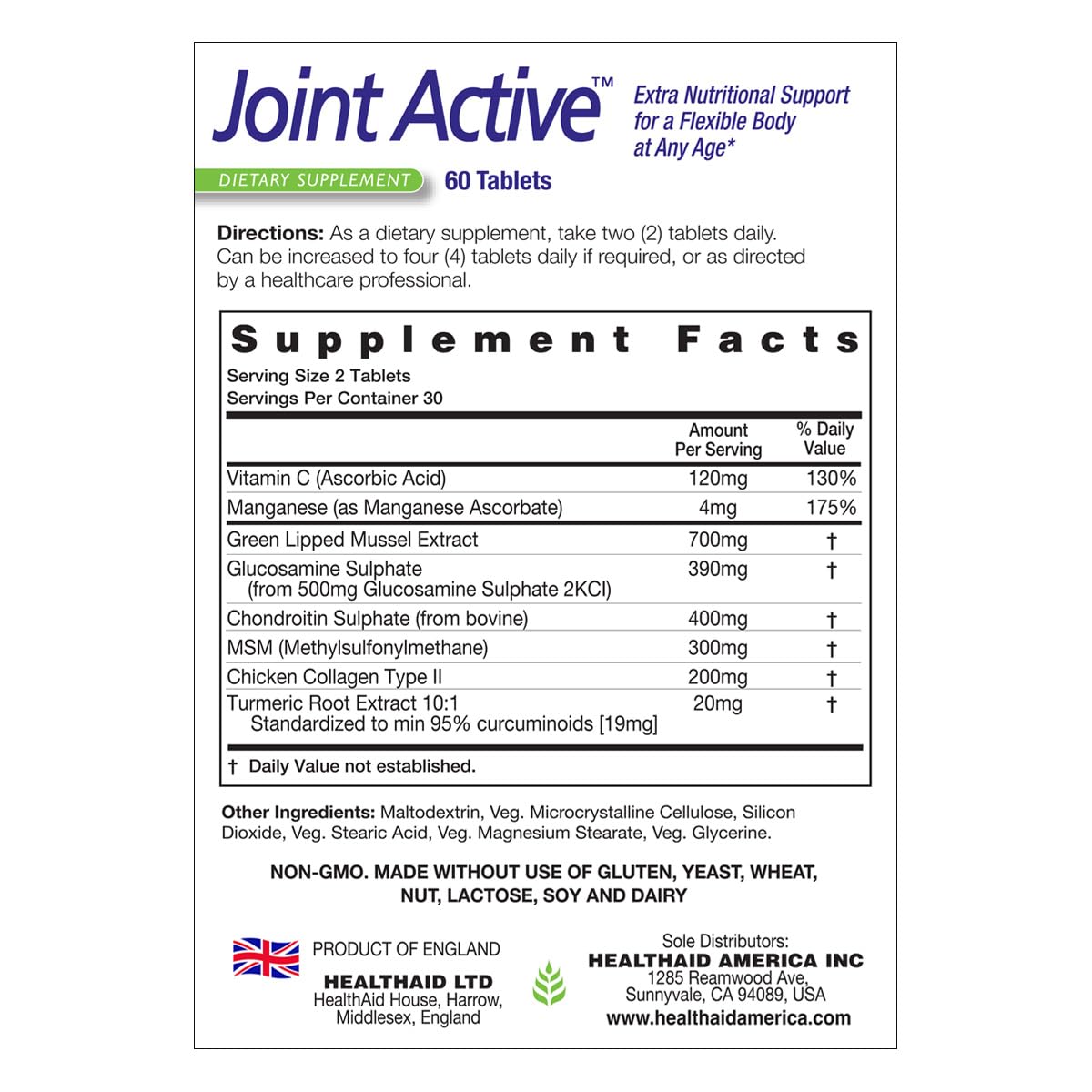 60 Tablets Joint Support with Green-Lipped Mussel Extract, Glucosamine, Chondroitin, Turmeric, MSM and Collagen R443