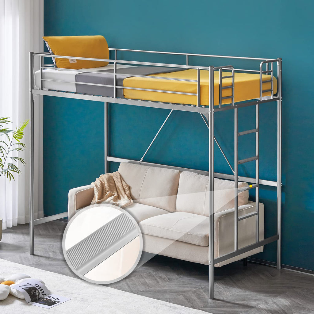71 Inches Tall Twin Size Metal Loft Bed with Ladder and Safety Guard Rails, Gray N391337