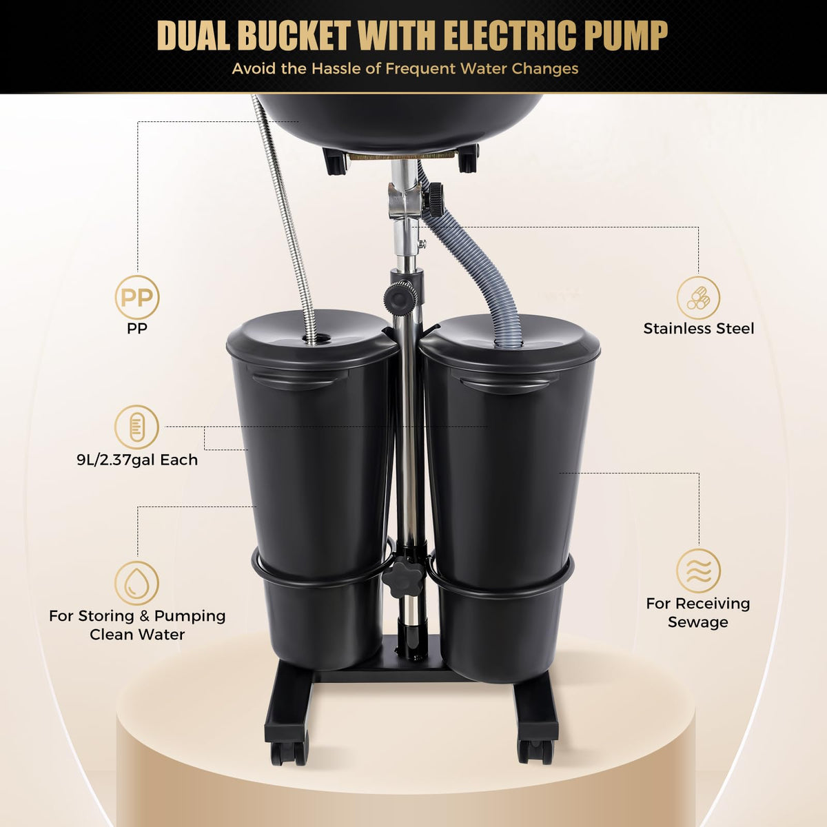 Portable Height and Angle Adjustable Shampoo Basin with 2 Water Buckets and 4 Wheels A117687