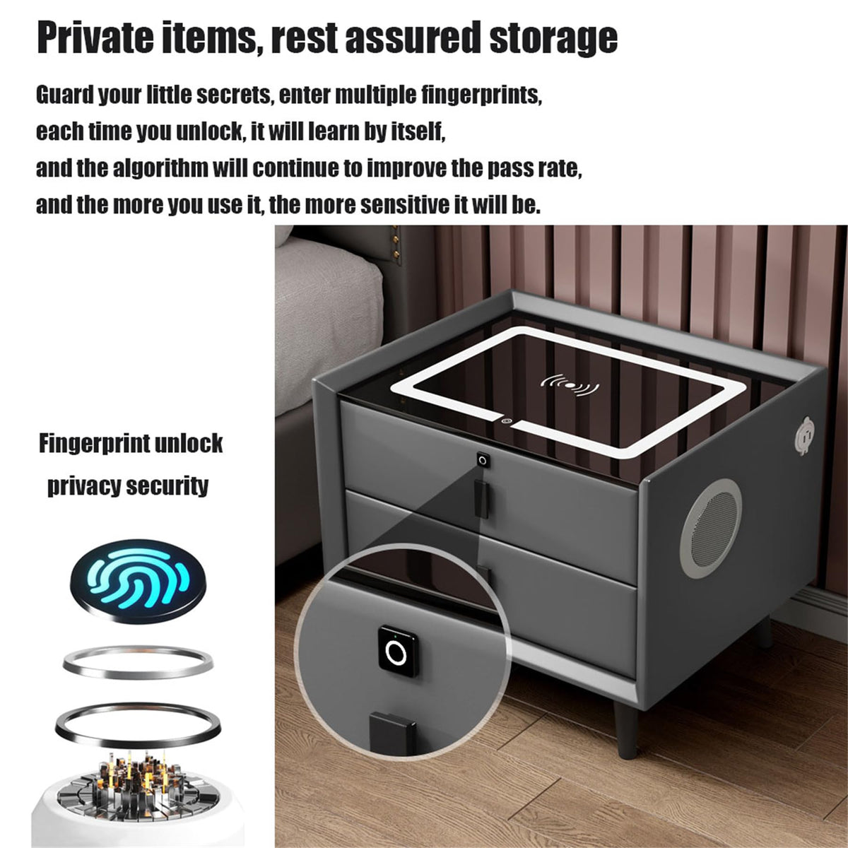 LED Nightstand with Fingerprint Lock, Wireless Charging Station, 2 Speakers, 3 Color LED Light, 2 USB B704