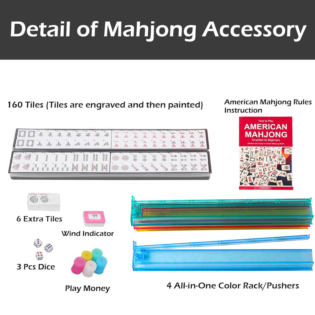 American Mahjong Game Set, 166 White Tiles, 4 Color Rack/Pushers, Blue Carrying Bag Y2776