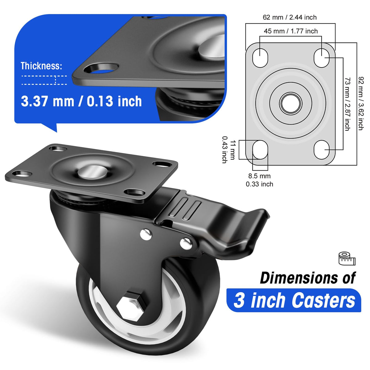 3 Inch Swivel Casters Set of 4 with Brake L624