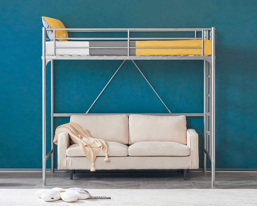 71 Inches Tall Twin Size Metal Loft Bed with Ladder and Safety Guard Rails, Gray N391337