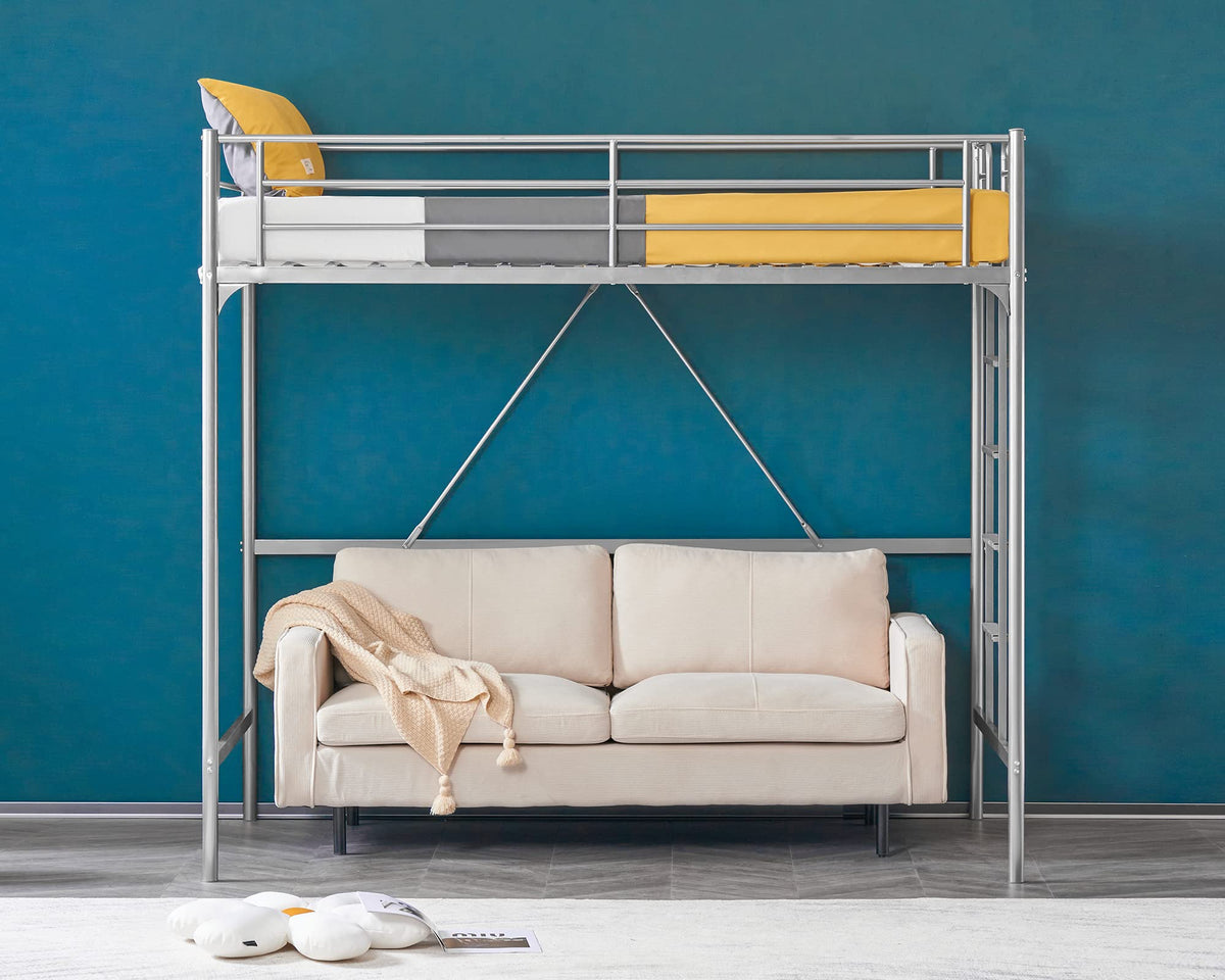 71 Inches Tall Twin Size Metal Loft Bed with Ladder and Safety Guard Rails, Gray N391337