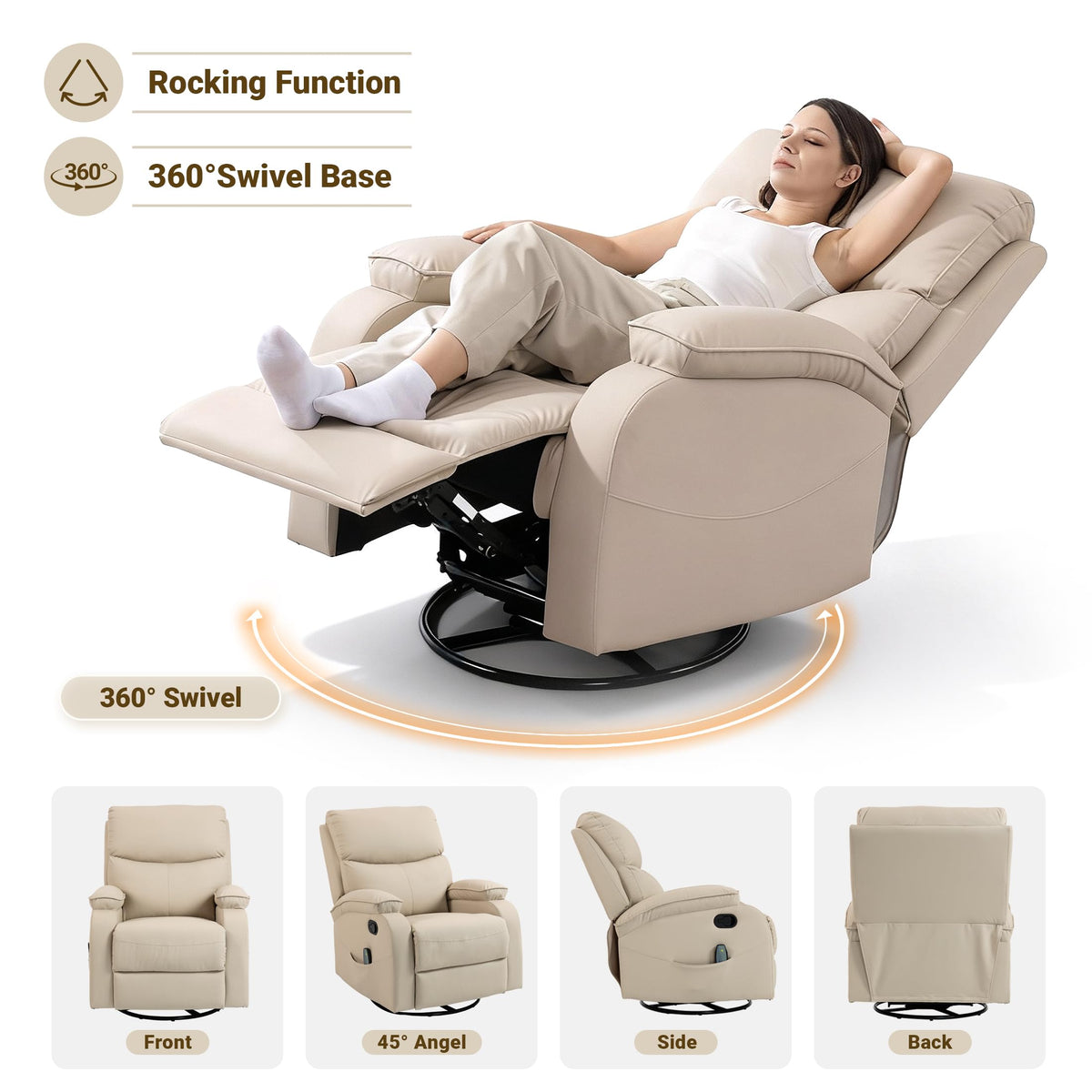 Beige Leather Swivel Rocking Recliner Chair H456523