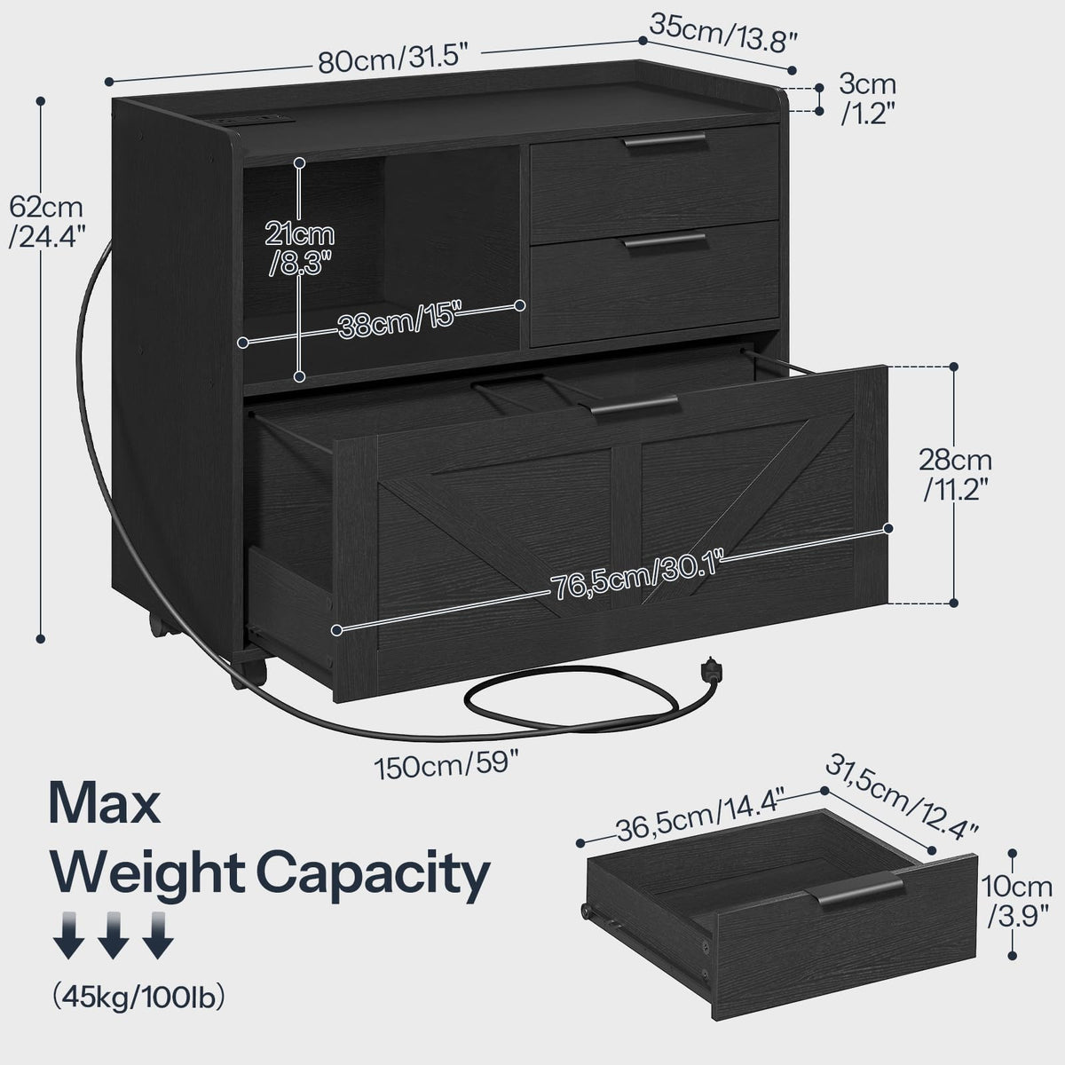 Black Wood Lateral File Cabinet with Charging Station S412