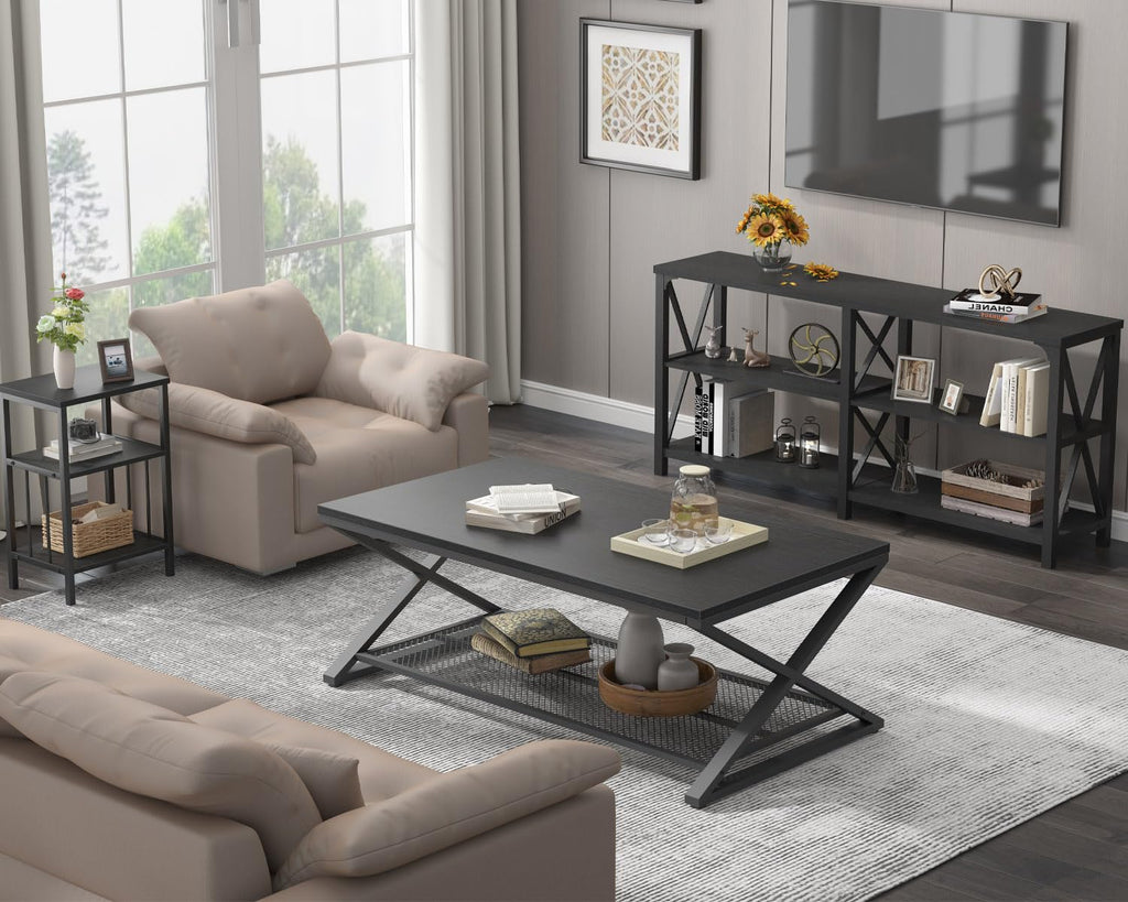 Black 2 Tier Wood Coffee Table with Storage N3953