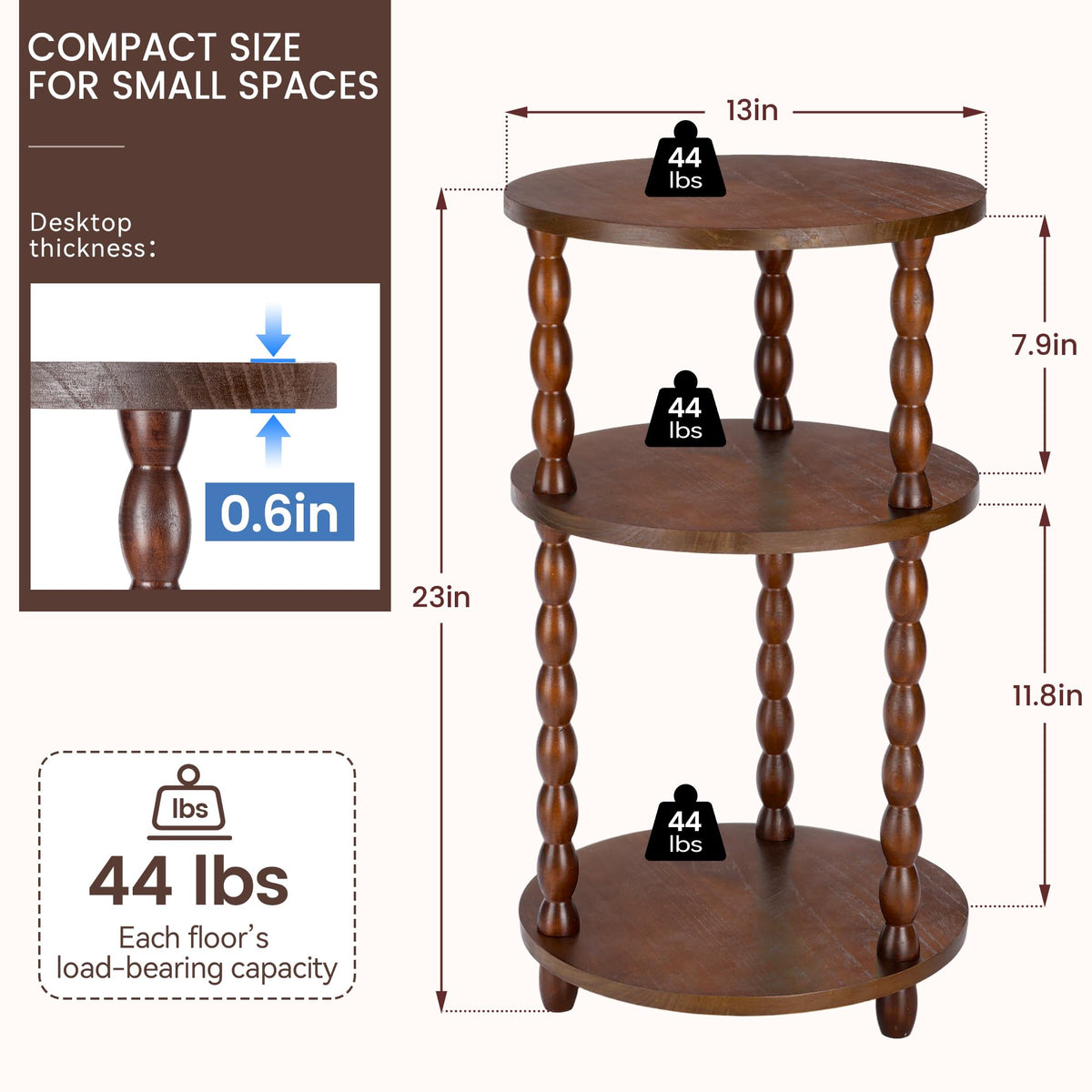 Small Round 3-Tier Solid Wood Side Table with Storage Shelf J934494