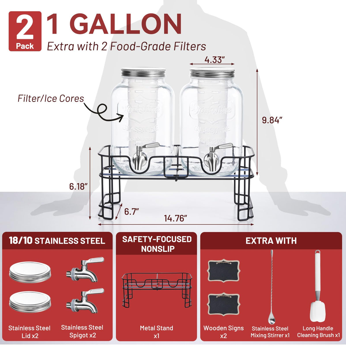 1 Gallon Glass Drink Dispensers 2 Pack with Stand Stainless Steel Spigot N8728