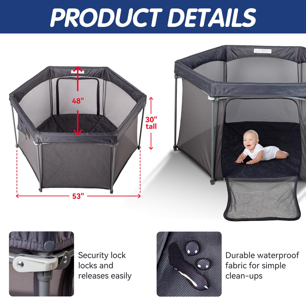 Baby Playpen 53x53 Inch Portable Play Yard with Breathable Mesh Walls Grey C7451