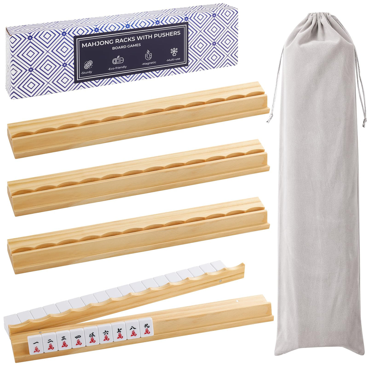 Wooden Mahjong Racks with Magnetic Pushers Set of 4 V43061