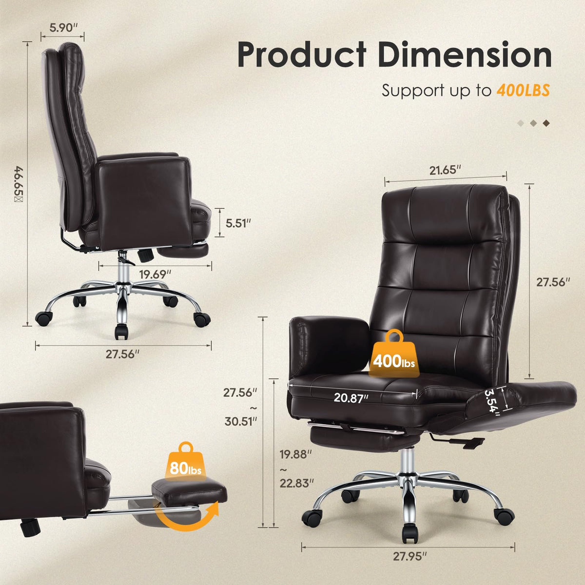 Big and Tall Ergonomic Office Chair with Foot Rest, Brown S152649