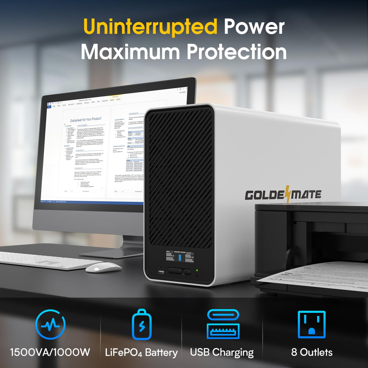 White 1500VA/1000W Lithium UPS Battery Backup & Surge Protector T446574