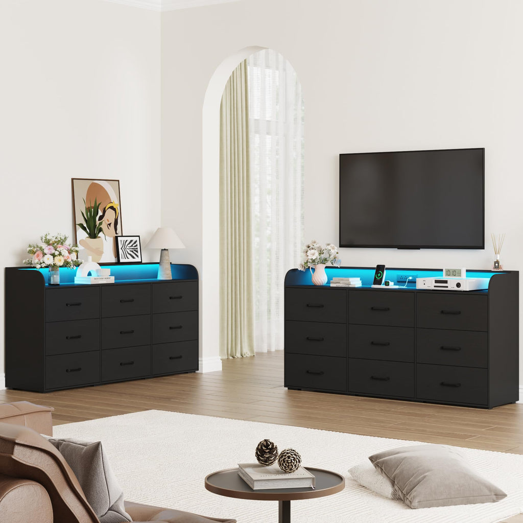 Black 9 Drawer Wood Dresser with Power Outlet and LED Lights Y723296