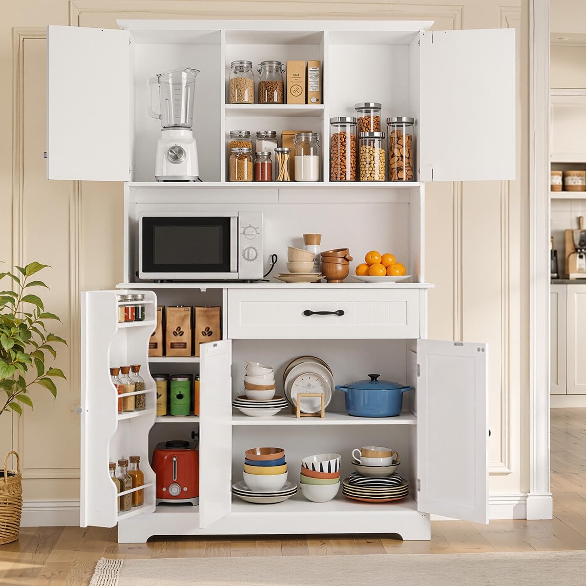 Tall White Kitchen Storage Cabinet with Door and Shelves B7465