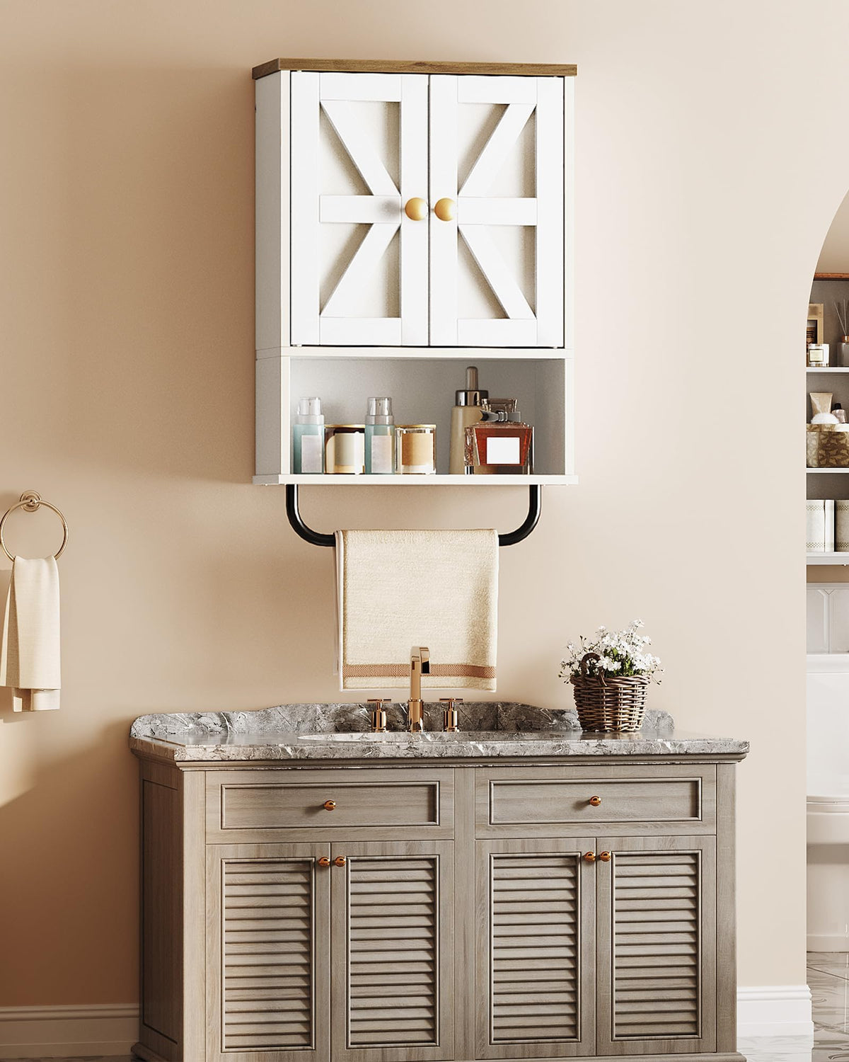 White and Walnut Bathroom Wall Cabinet with Towel Bar P291845