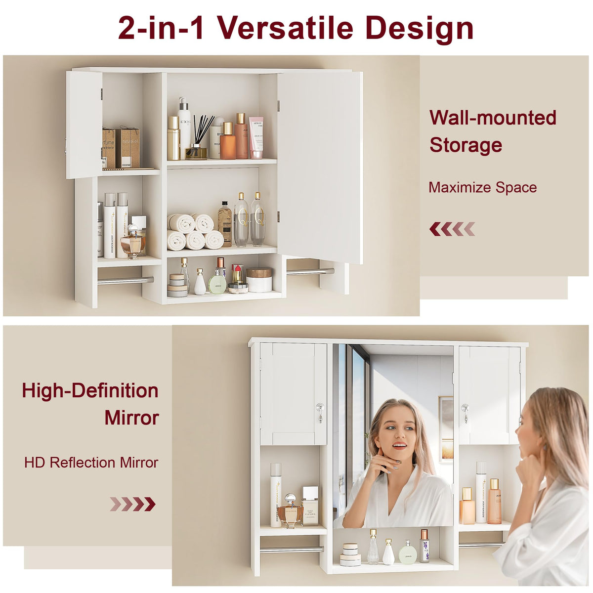 Large White Wall Mounted Bathroom Cabinet with Mirror M7868