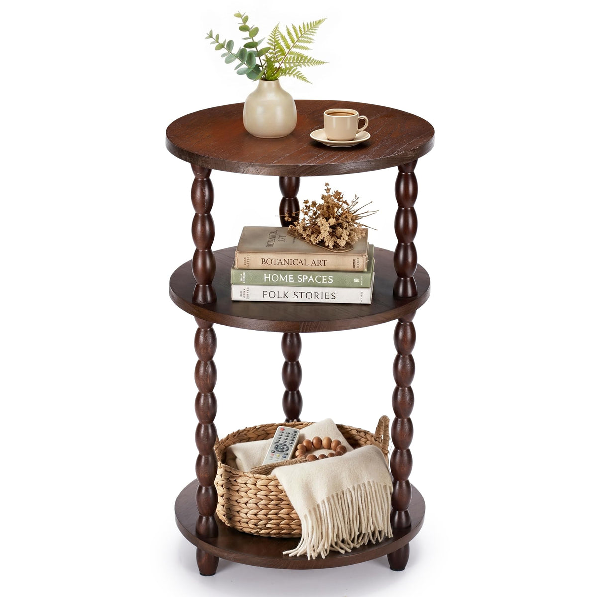 Small Round 3-Tier Solid Wood Side Table with Storage Shelf J934494