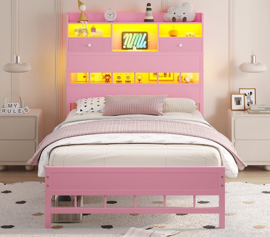 Twin Bed Frame with Storage Headboard E543