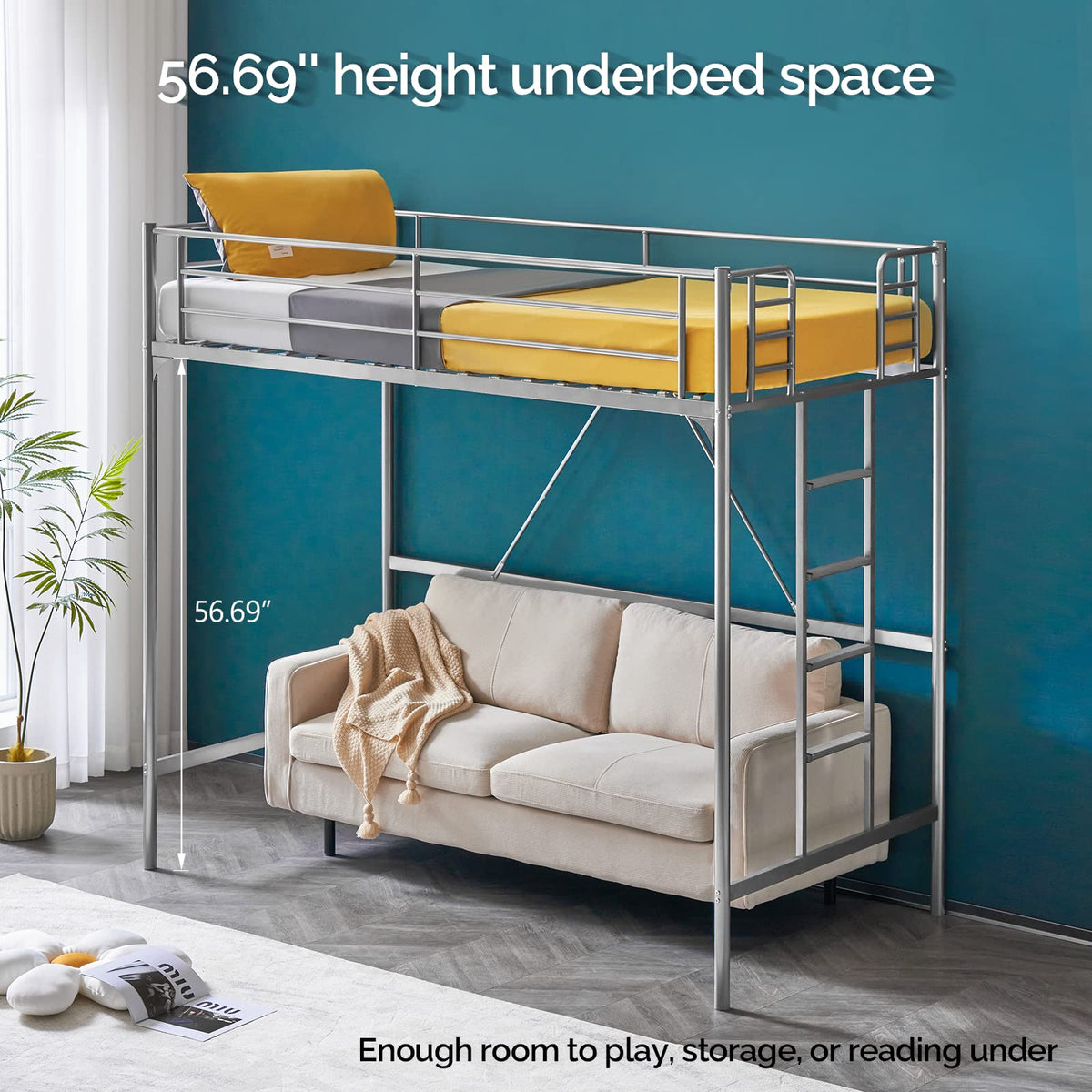 71 Inches Tall Twin Size Metal Loft Bed with Ladder and Safety Guard Rails, Gray N391337