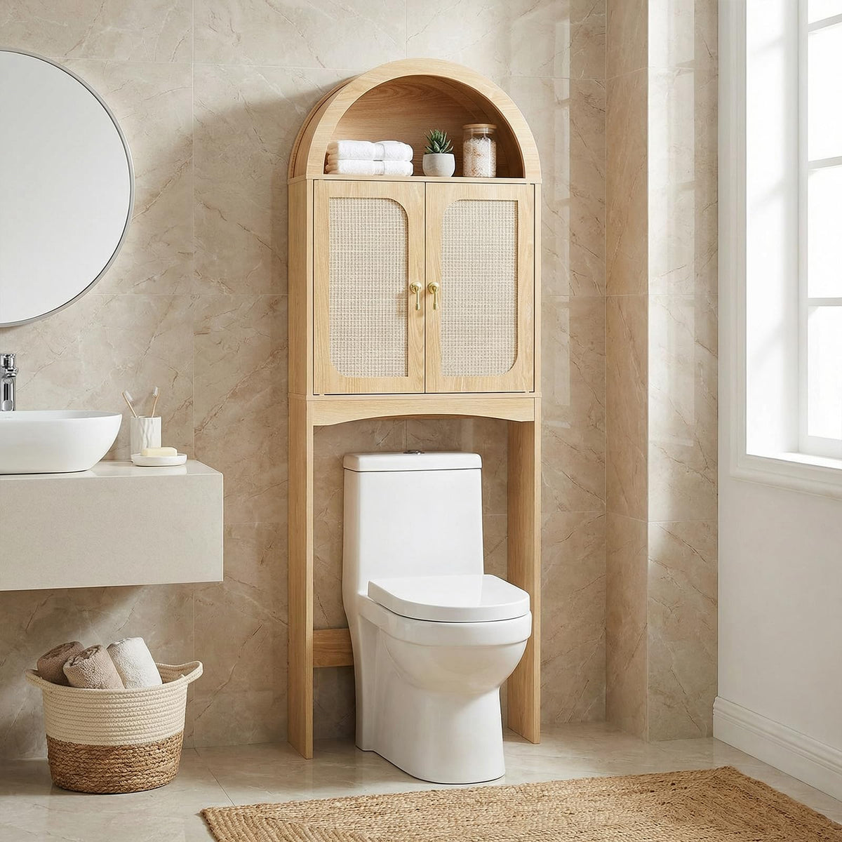 Arched Rattan Over the Toilet Storage Cabinet with Doors S166922