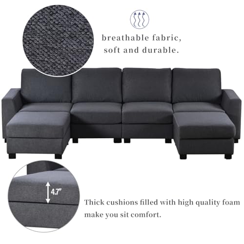 Large U-Shaped Sectional Sofa with Removable Ottomans, Gray Polyester K71227