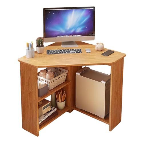 Light Brown Corner Desk with Drawers and Open Shelves D7011
