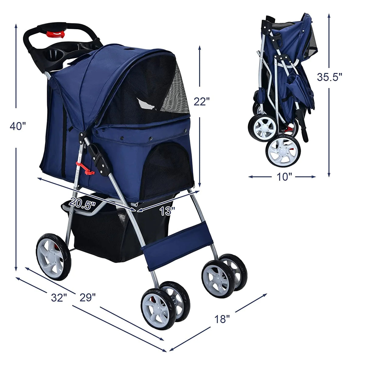 Navy Pet Stroller with 4 Lockable Wheels and Removable Liner V552958