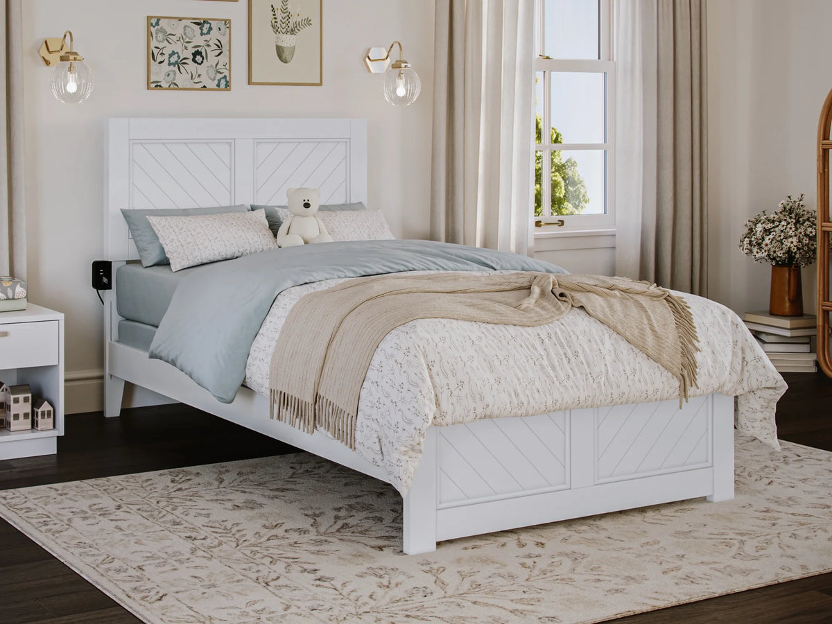 White Solid Wood Twin Bed Frame with Footboard I157
