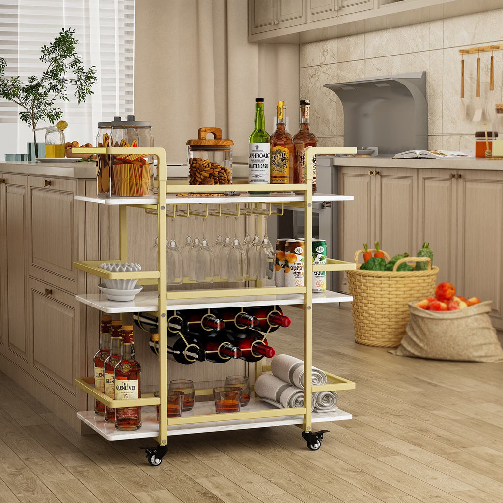Golden 3-Tier Bar Cart with Wine Rack and Glass Cup Storage W9423
