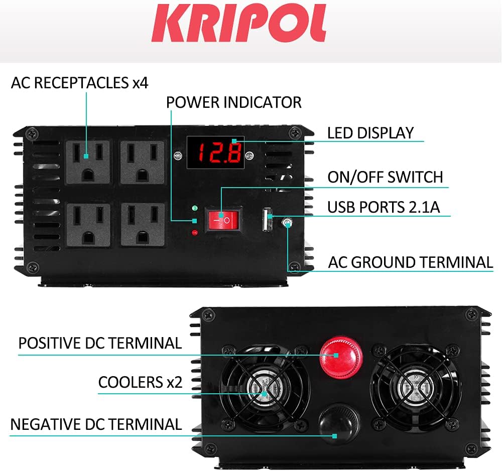 1000 Watt Pure Sine Wave Inverter 12v DC to 110/120v AC with 4 AC and USB Output Q1033