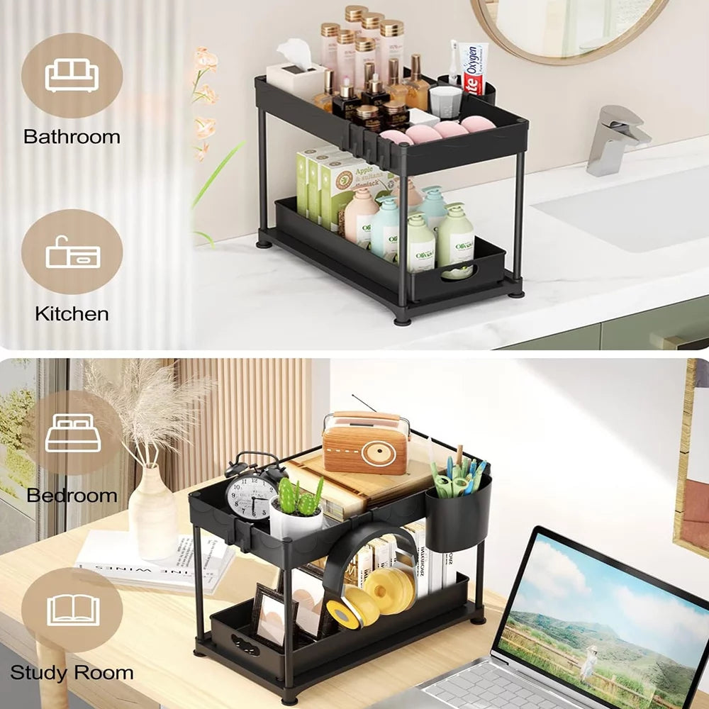 2 Pack 2-Tier Pull Out Under Sink Organizer with Hook & Hanging Cup N22794