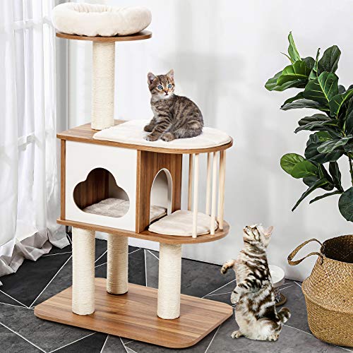 Light Grey Wood Cat Tree with Scratching Posts and Washable Cushions A709
