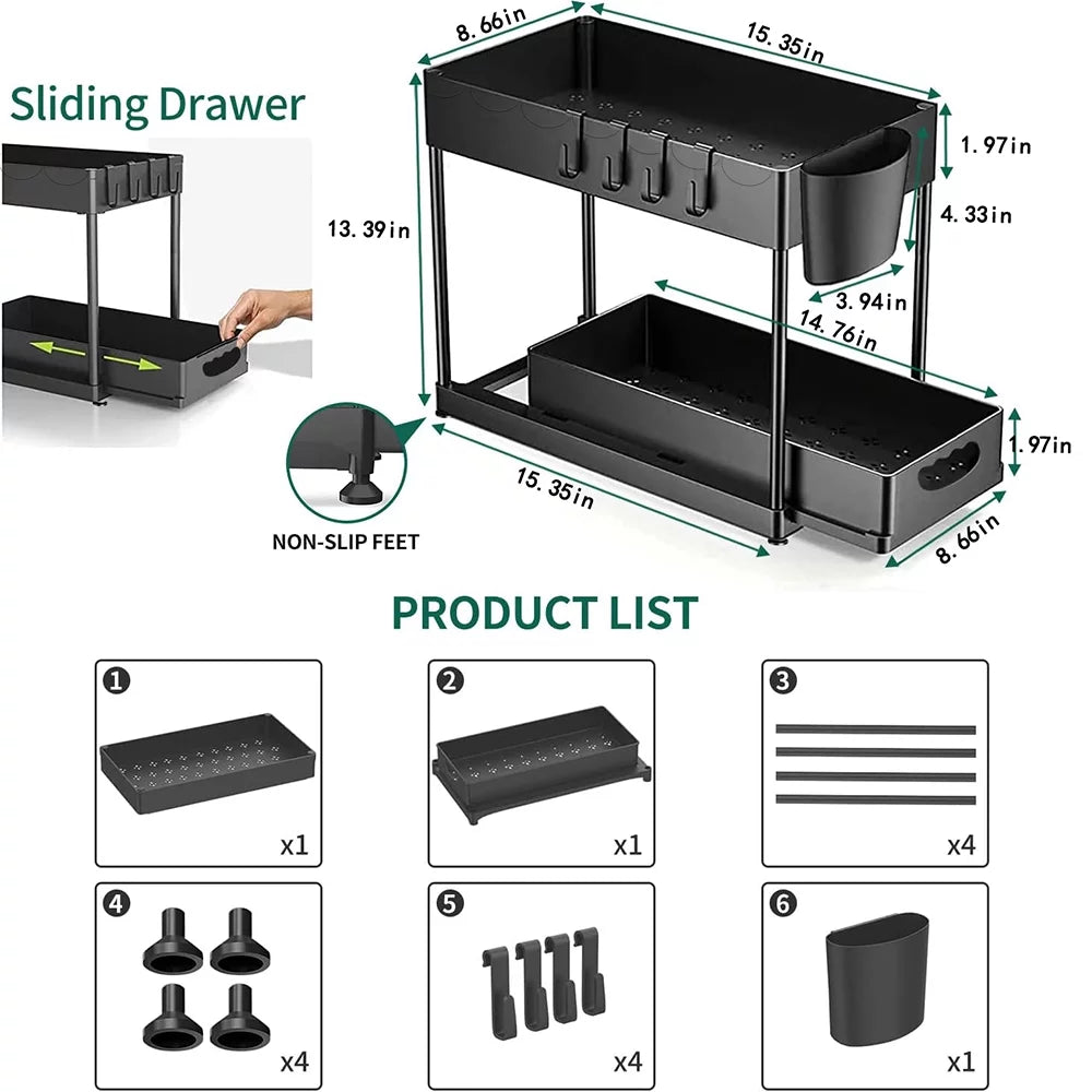 2 Pack 2-Tier Pull Out Under Sink Organizer with Hook & Hanging Cup N22794