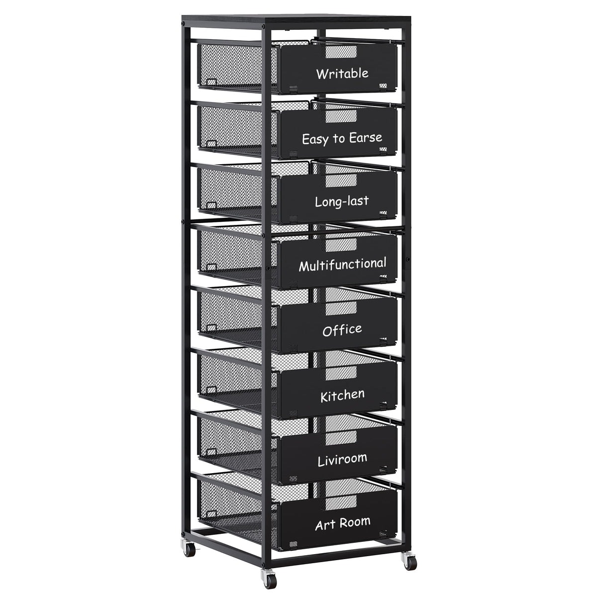 Black 8 Drawer Metal Rolling Storage Cart with Wood Tabletop P170