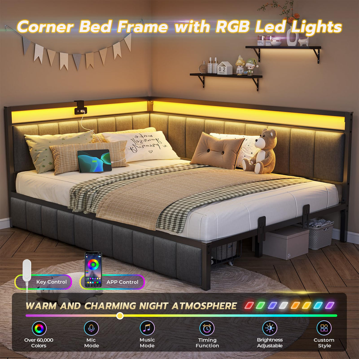 Full Size Corner Bed Frame with 2 Storage Drawers and Charging Station W35691